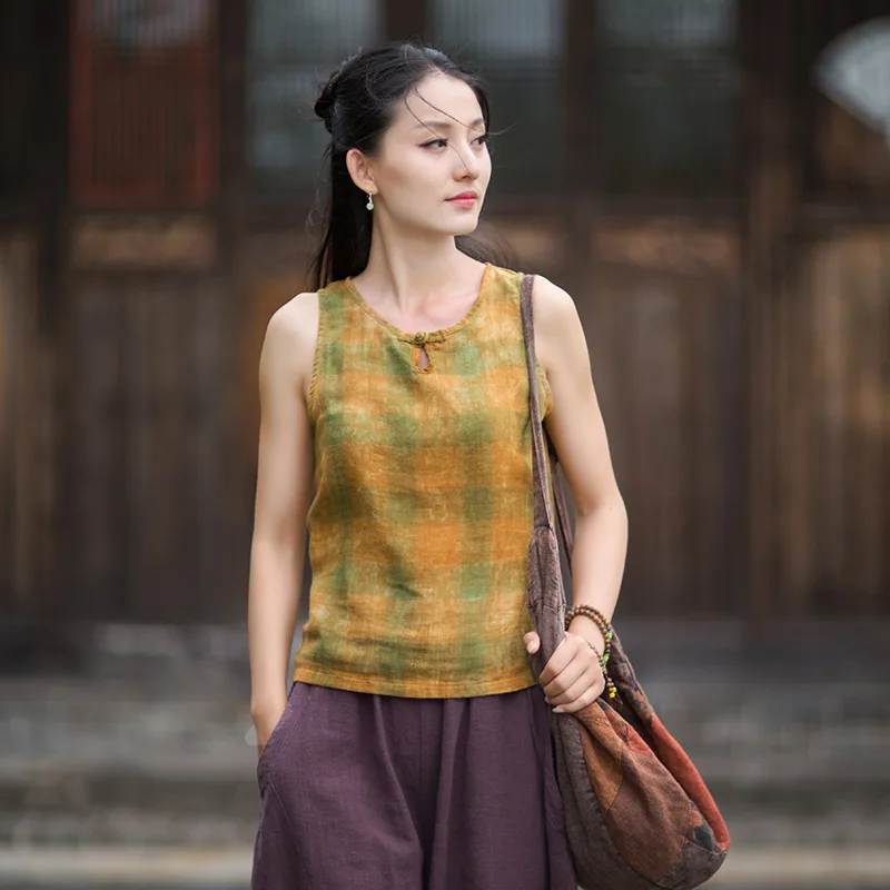 

Autumn Checker-Dye Vest: Sand-Washed Cotton-Linen, Original Design, Frog Buttons, Niche Style.