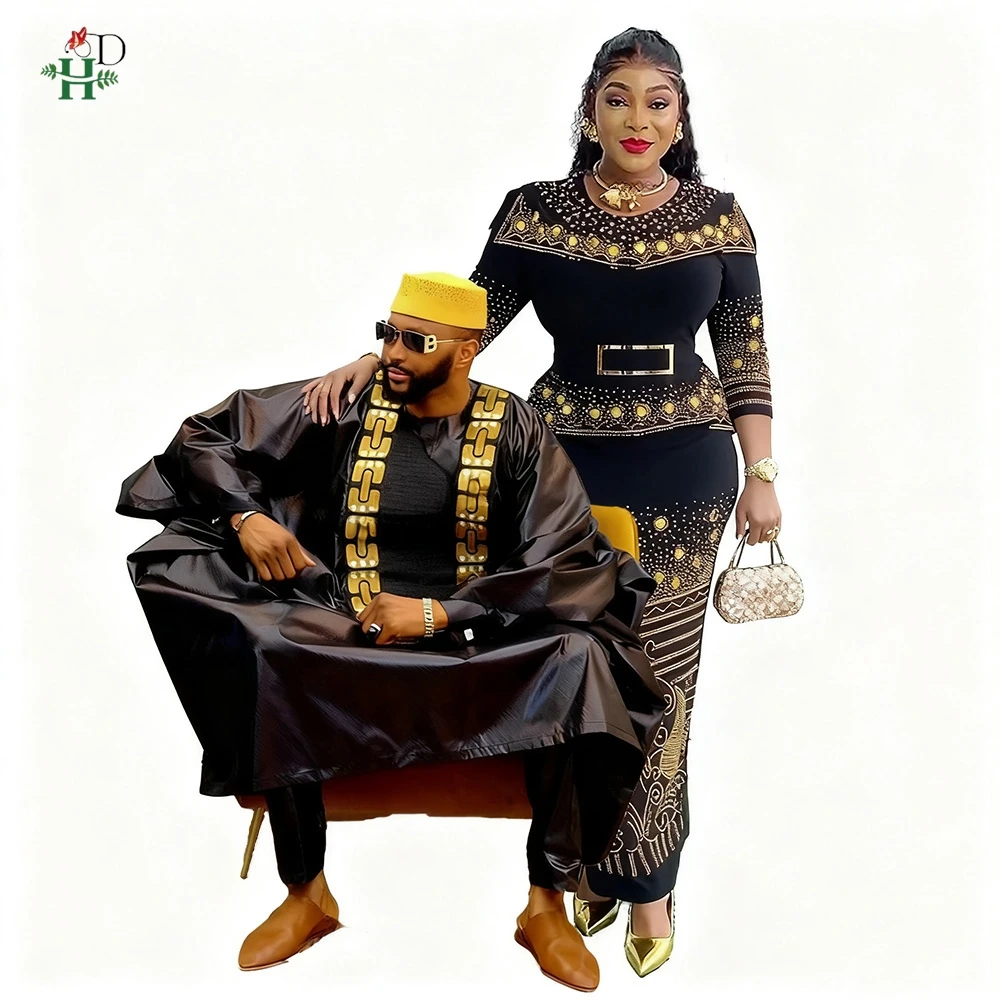 

New African Dresses For Couple Men Women Matching Agbada Embroidery Robe Shirt Pant Suit 3PCS Set For Wedding Daily Love Wear