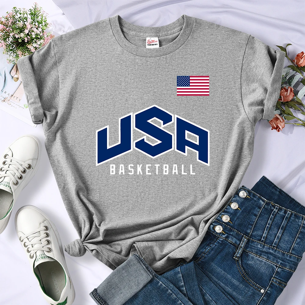 U.S.A Basketball Fashion Printing Female T-Shirt Street Breathable Crop Top Casual Sweat Clothes Summer O-Neck Short Sleeve