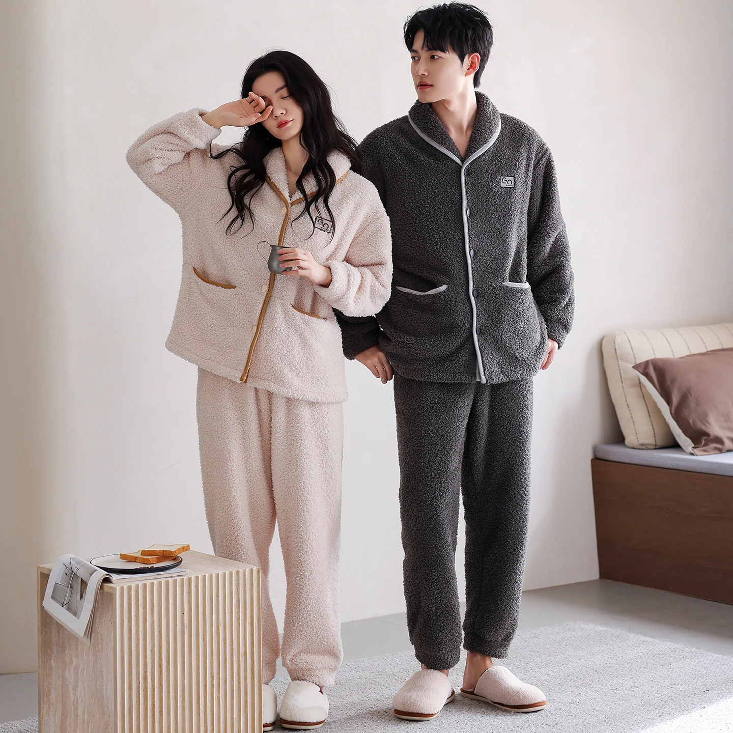 

High Quality Couple Pajamas Set Winter Women and Men Warm Flannel Pijama Lovers Turn-down Collar Sleepwear