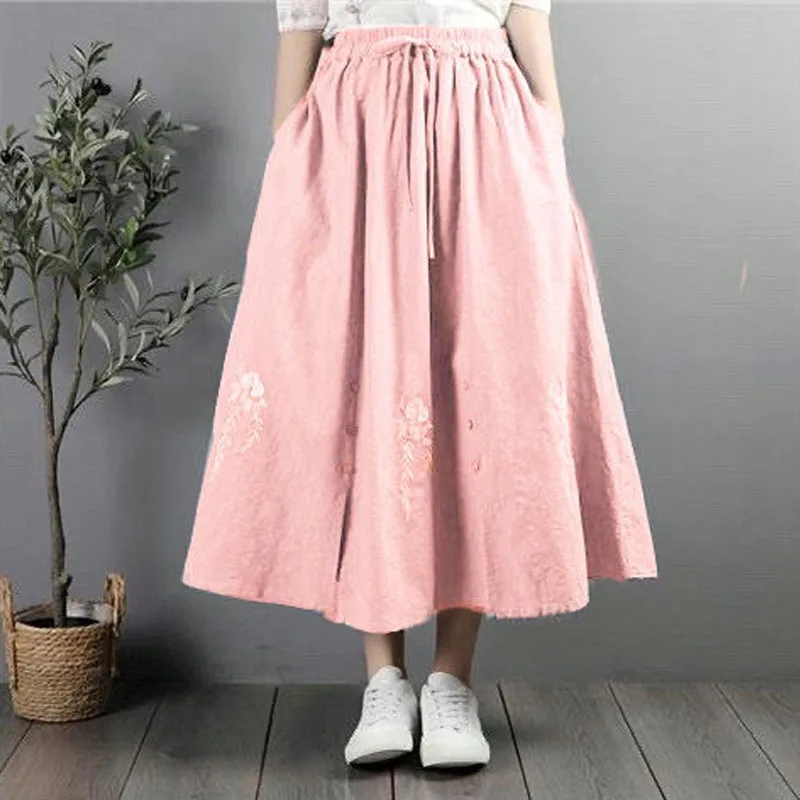 Vintage Casual Solid Embroidery Spliced Loose Skirt Summer Women\'s Clothing Fashion All-match Elastic High Waist A-Line Skirts