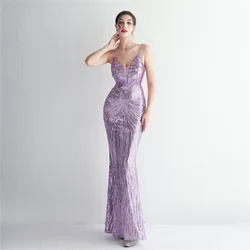 Women Long Banquet Slim-fit Evening Temperament Elegant Party Sequin Dress Sexy Deep V Neck Wrap  Evening Dress for Ladies Girls