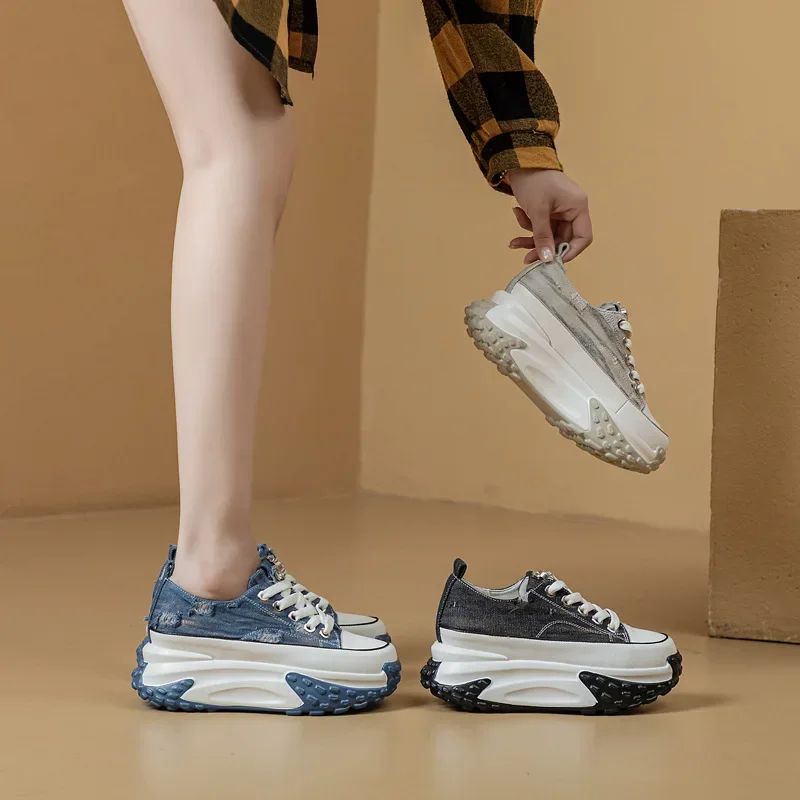 Sepatu Wedge Platform Sneaker Chunky kasual nyaman merek tinggi berlian imitasi musim semi Bling musim gugur 6cm Denim kulit asli