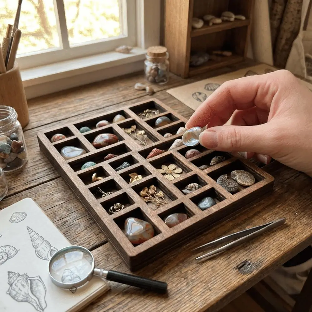Wooden Mini Jewelry Holder Miniature Crystal Ore Specimen Storage Miniature Trinket Shelf Multi Compartments