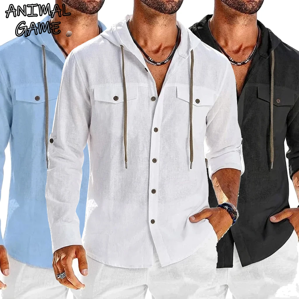 Nova Camisa de Linho para Homens, Camisas Casuais de Manga Longa com Capuz, Camisas Henley, Camisetas Havaianas, Suéter Leve para Homens