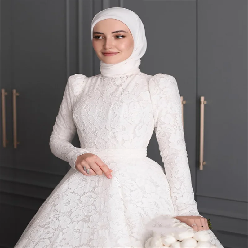 Muslim White Wedding Dress Customized Long Sleeves Ball Bridal Gown Sweep Train Vestido De Noiva Dubai Bridal Dresses for Woman