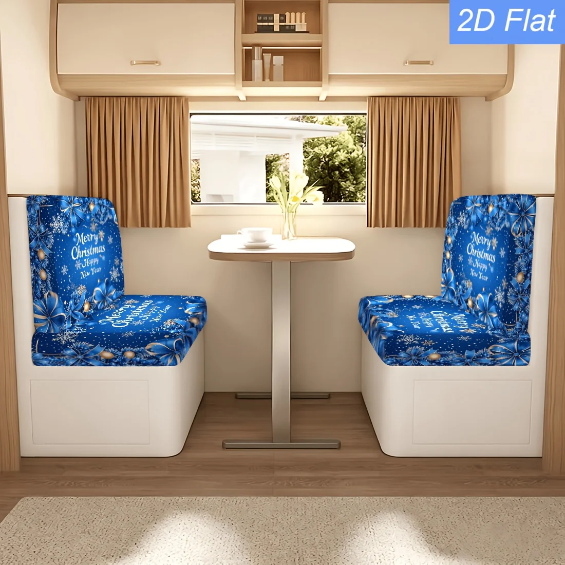 2pcs Christmas blue gold-edge bow-shaped pine-pattern elastic caravan sofa cover, used for decorating camping vehicles