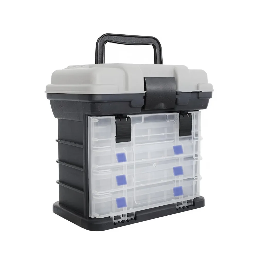 4-stufige graue tragbare Angelbox mit mehreren Fächern, robuste Aufbewahrungsbox für Köder, Haken, Schnüre, Senkblei, Zubehör für Süßwasser- und Meeresangeln im Freien, Köder nicht enthalten.