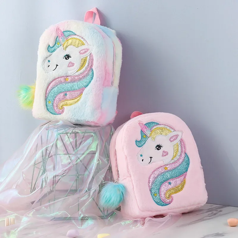 Cute Unicorn Plush Backpacks Cartoon Animal School Bag Children Winter Schoolbags Kids Colorful Soft Plush Backpack Girls Bags