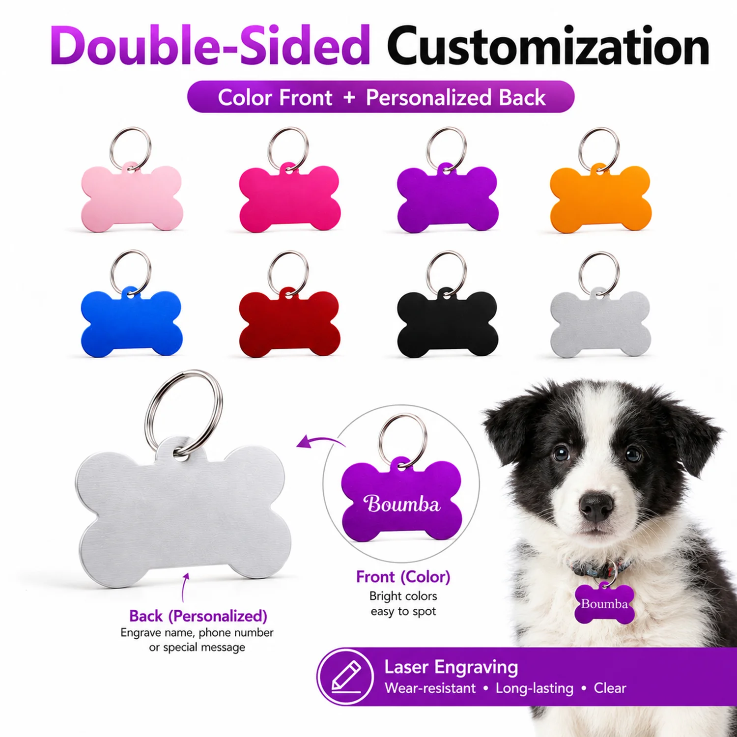 Knochenförmige Doppelseitige Personalisierte Hundemarke, Individuelles Haustier-Namensschild, Lasergravierte Nummer, Doppelseitige Hundemarke mit Individuellem Text – Detail 10