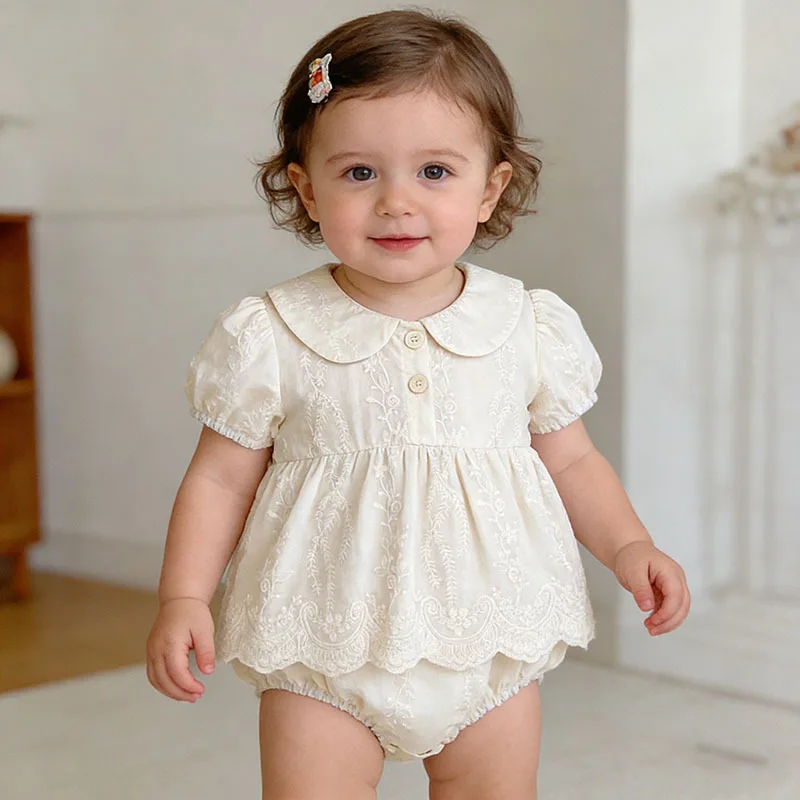 Girls Onesie 2026 Spring and Summer New Childrens Clothing Korean Style Girl Baby Sweet Embroidered Onesie Simple Daily