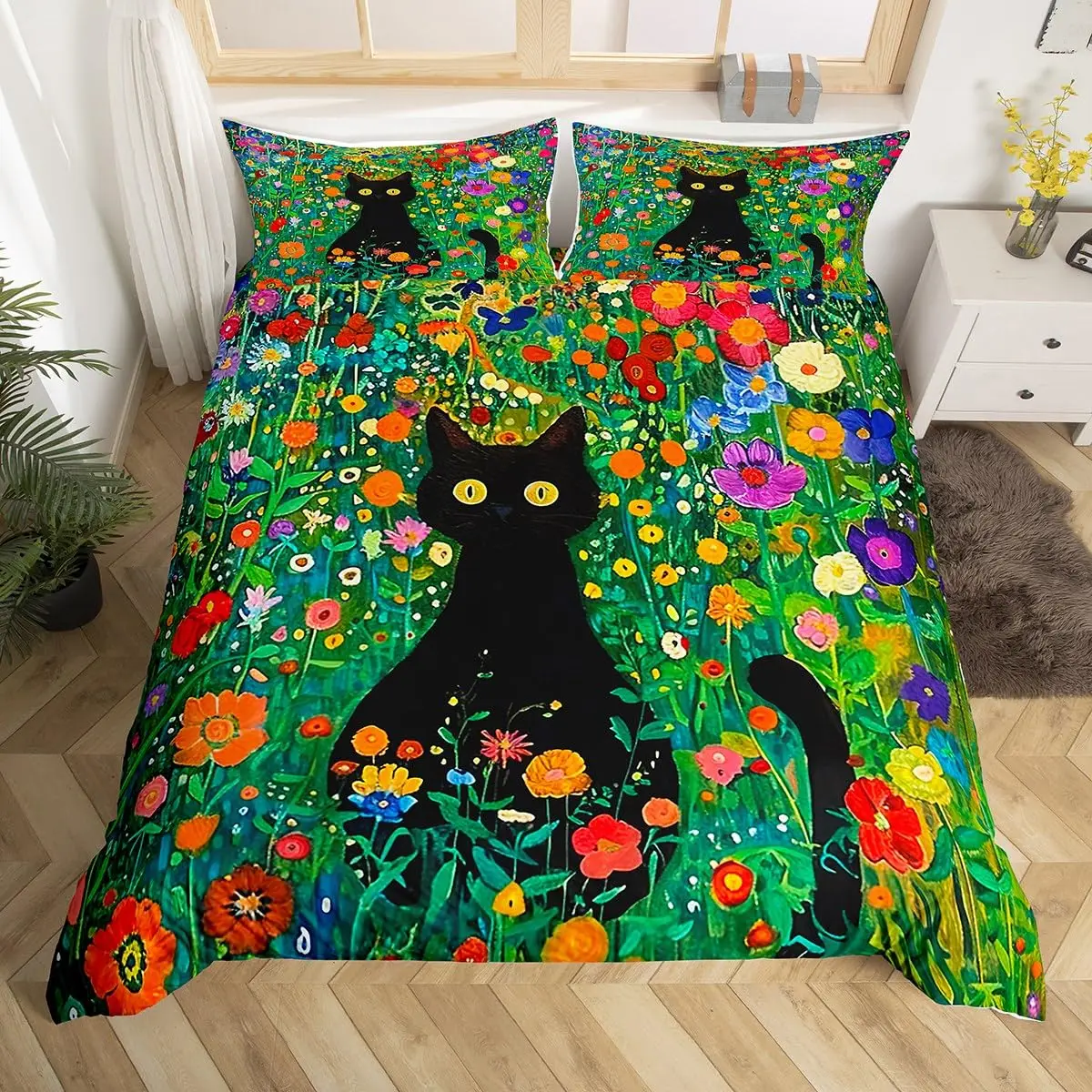 Cartoon Black Cat Duvet Cover Watercolor Flower Bedding Set Pet Animals Botanical Comforter Cover Romantic Rustic Quilt Cover