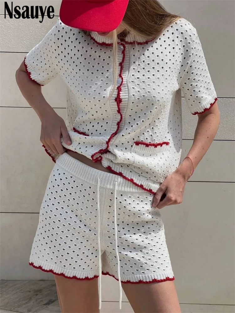 

Nsauye 2025 Summer Casual Tracksuit Women Y2K Short Sleeve Knitted Cardigan Tops Hollow Out Mini High Waisted Shorts 2 Piece Set