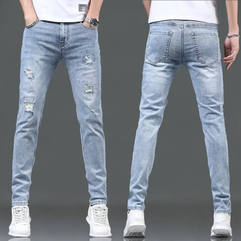 men's pants korean Slim Blue jeans Cheap Cowboy Wash Korean Style Teenagers Luxury Hip Hop Stylish streetwear Skinny Trousers