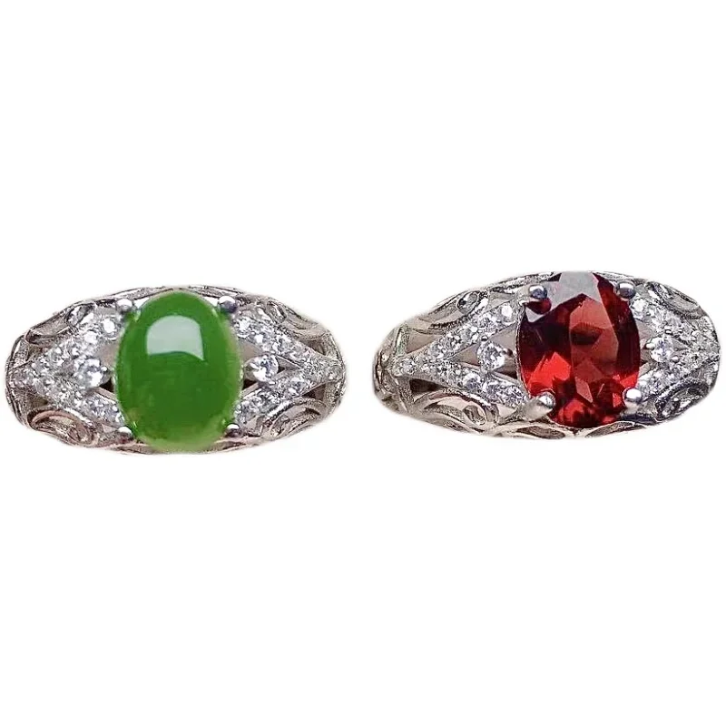 Vintage Silver Gemtone Ring for Party 7mm*9mm Natural Garnet Jade Ring Solid 925 Silver Jade Garnet Jewelry Gift for Wife
