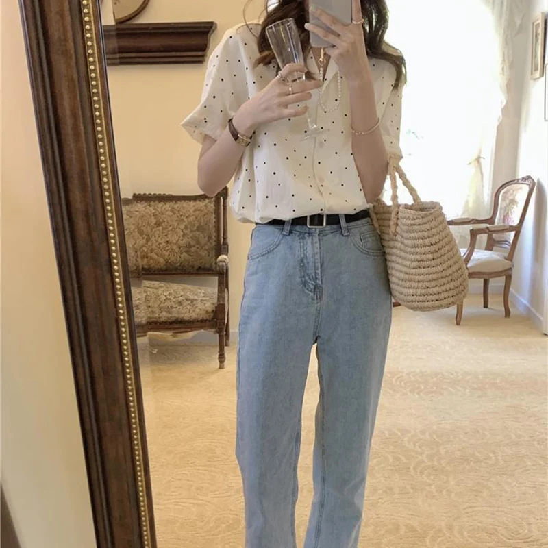 Summer Fashion Commuting Comfortable Breathable Polka Dot Loose Short Sleeved Shirt Women\'s Niche Lapel Casual Young Style Top