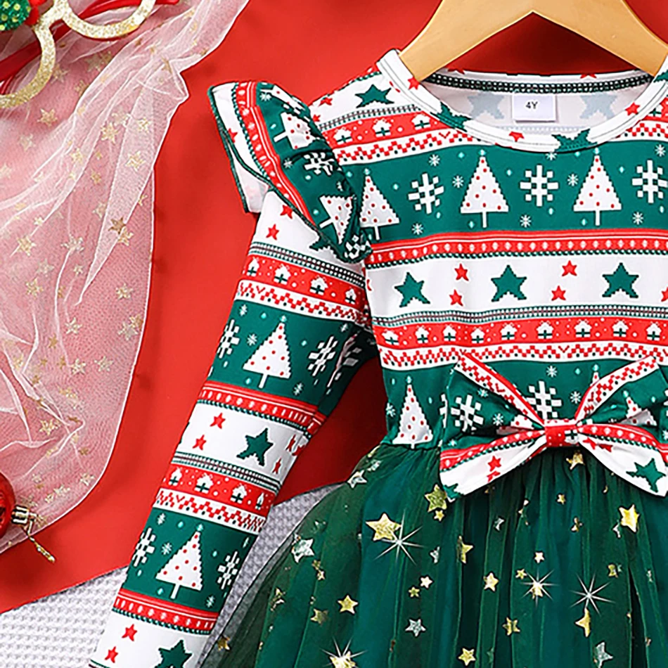 طفلة حفلة الأزهار تنورة الاطفال عيد الميلاد نمط طباعة فساتين الأميرة الفتيات ملابس الطفل نافيداد كم طويل القوس فستان شبكي