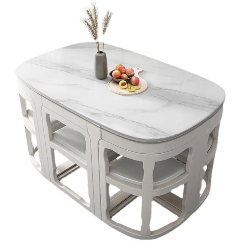 

Rock slab dining table and chair combination restaurant home modern simple space saving rectangular invisible all solid wood
