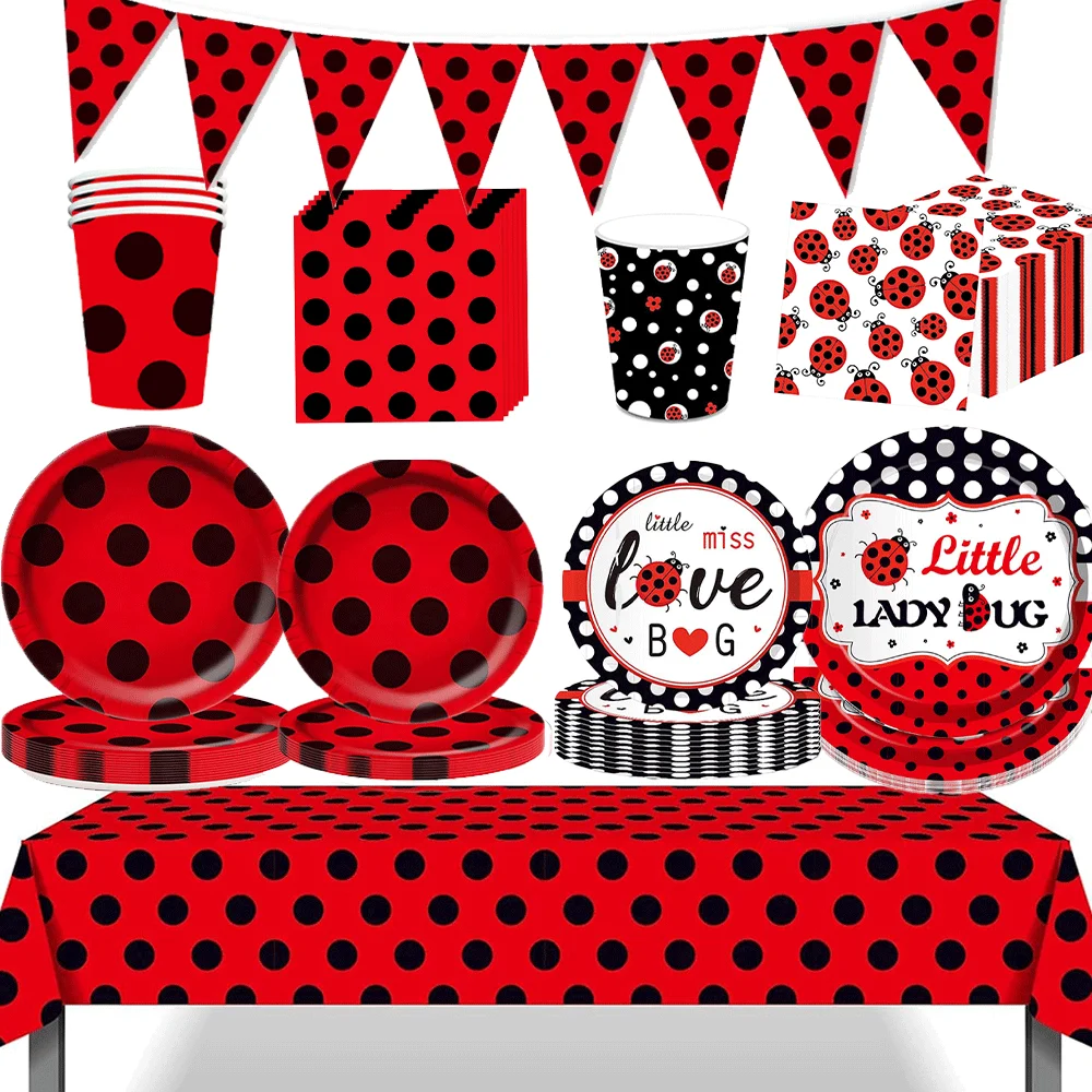 Insect Themed Ladybug Party Red and Black Polka Dot Banner Balloon Cute Ladybug Dinnerware Set Birthday Party Baby Shower Decor
