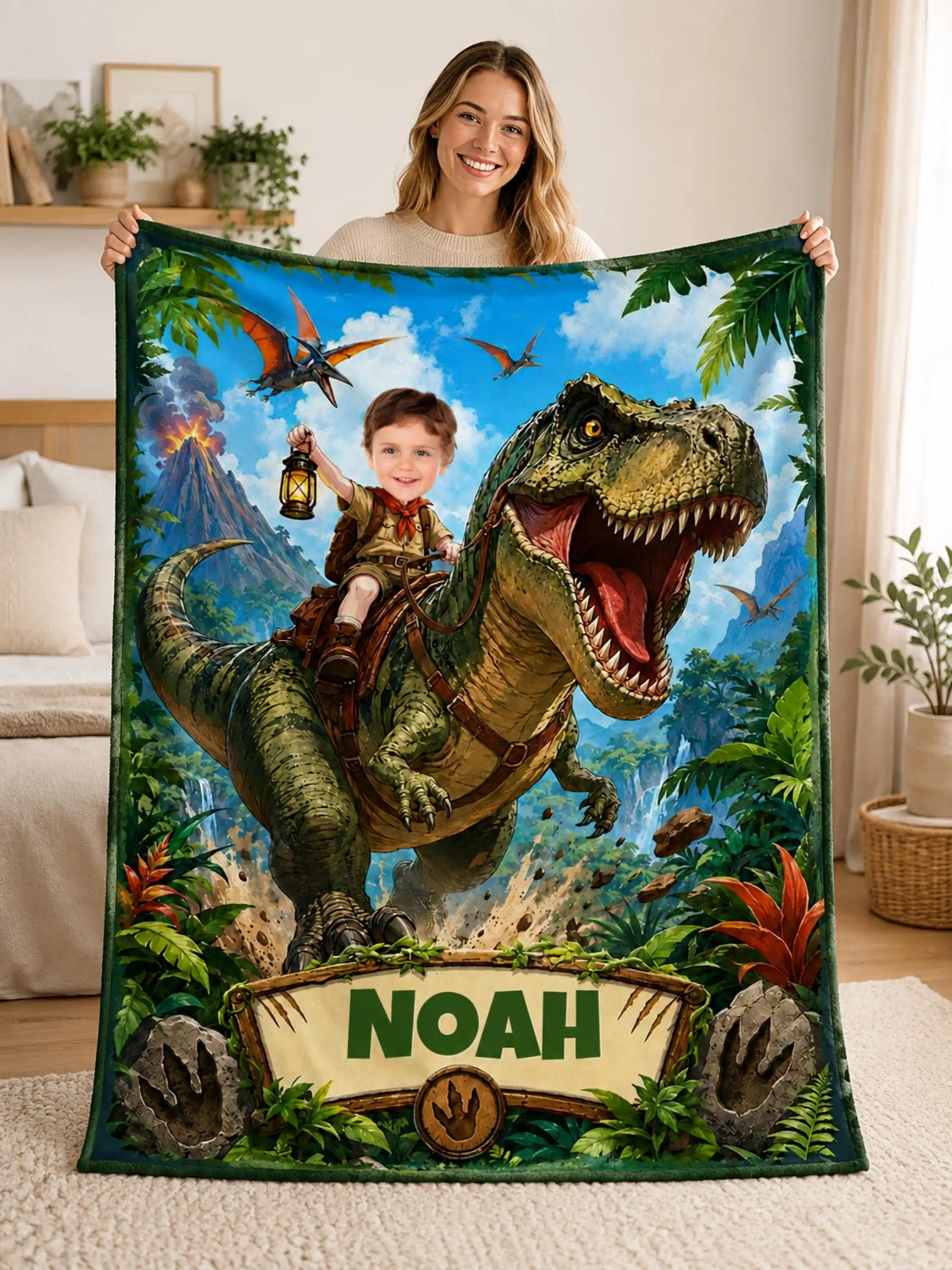 Personalized Dinosaur Blanket with Child’s Photo and Name, Custom T-Rex Riding Design for Kids.