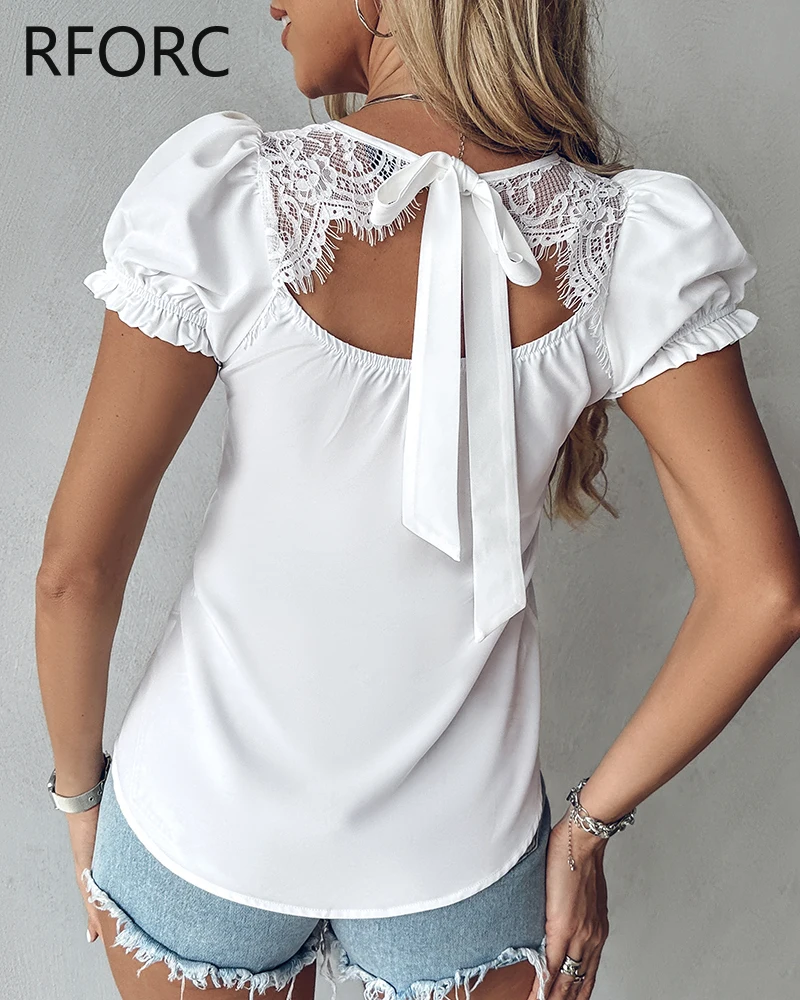 2024 Women Short Sleeves Lace Patchwork Lace Up Summer Basic White Blouse Top