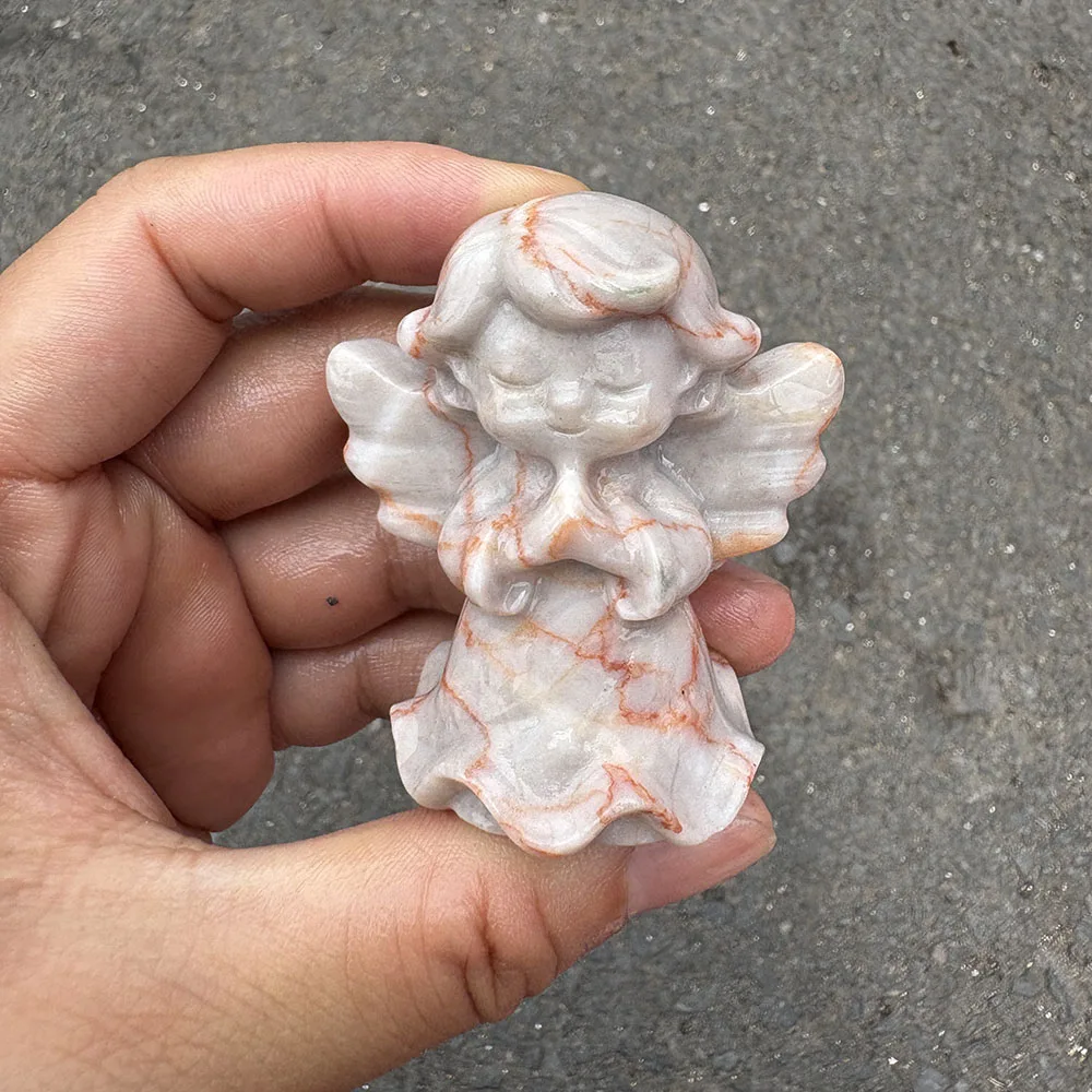 Custom Red Network Jasper Praying Angel Figurine - 5.5cm Hand-Carved Crystal Guardian Angel Sculpture for Collectible Decor