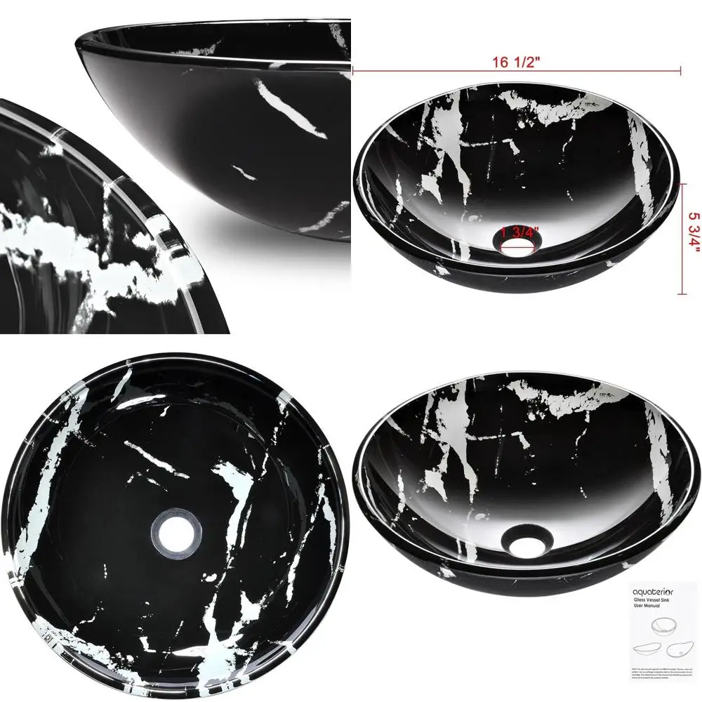 Round Tempered Glass Sink with Artistic Marble Design for Above Counter Installation