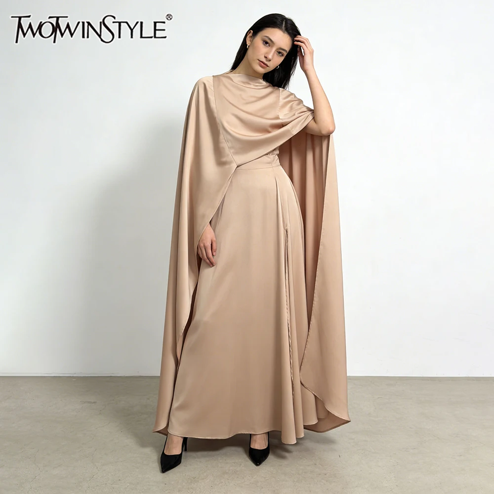 

TWOTWINSTYLE Solid Minimalist Three Piece Sets for Women Stand Neck Shawl Sleeveless Vest High Waist Long Skirt Set Female New