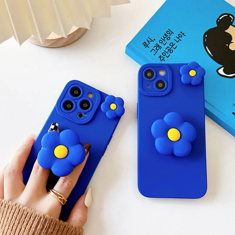 Korea 3D Flower Holder Stand Cover for Xiaomi Redmi Note 5 6 7S 8T 9S 9T 9 Pro Max 10S 10T Protective Soft Klein Blue TPU Case