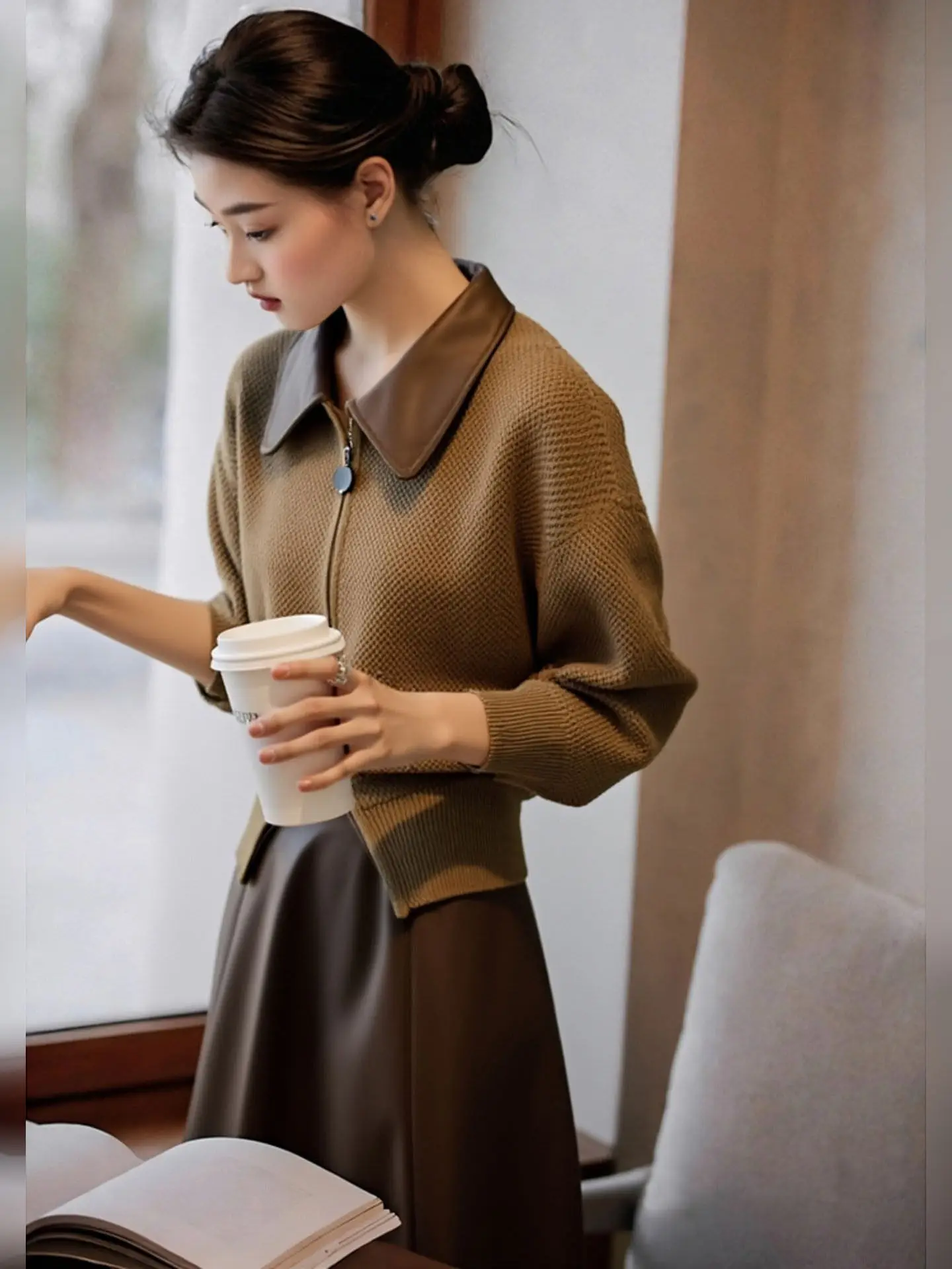 

Ele Brown Knit Top And Skirt Set High Waist Midi Length Faionable Two Piece Suite Spring 2026 Warm Long Sve Commute ...