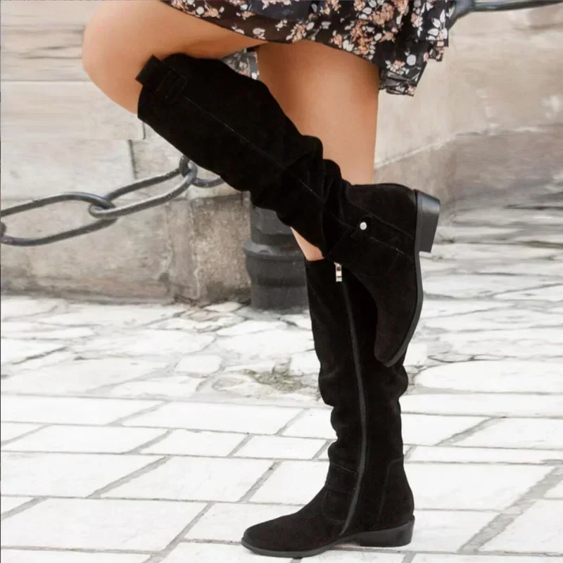 Low Heel Side Zip Size 43 Suede Thigh High Women's Boots Retro Woman Booties Autumn Winter Knee High Boots 2024