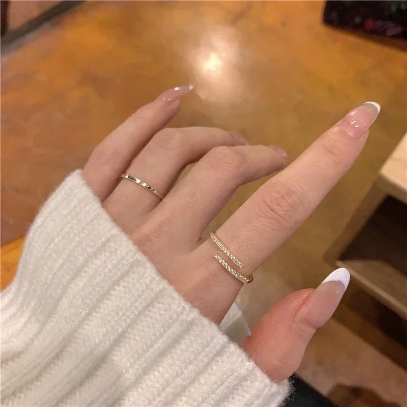 Exquisite Stainless Steel Line Double Layer Couple Opening Rings for Women Men Classic High Quality Gold Color Zircon Jewelry