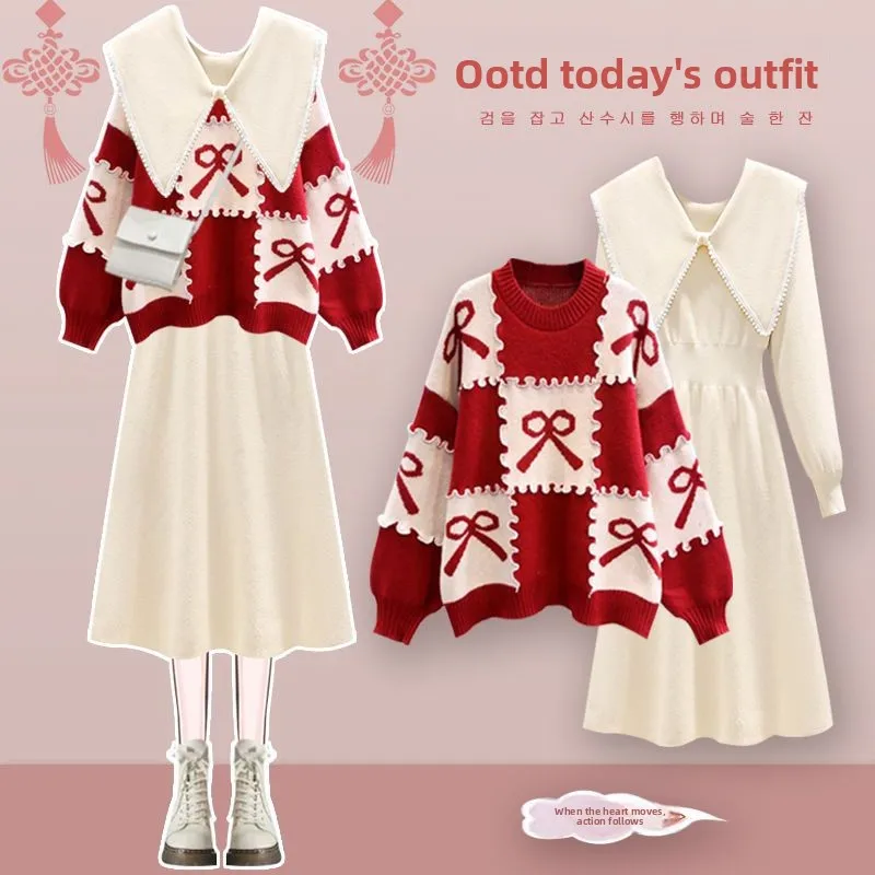 ชุดเสื้อสเวตเตอร์สีแดงและกระโปรงสำหรับฤดูหนาว ชุดสูทสองชิ้นทรงเข้ารูปสำหรับผู้หญิง ซีรีส์ Salt คอลเลคชั่นใหม่ล่าสุดสำหรับฤดูใบไม้ผลิ ชุดสำหรับสุภาพสตรี