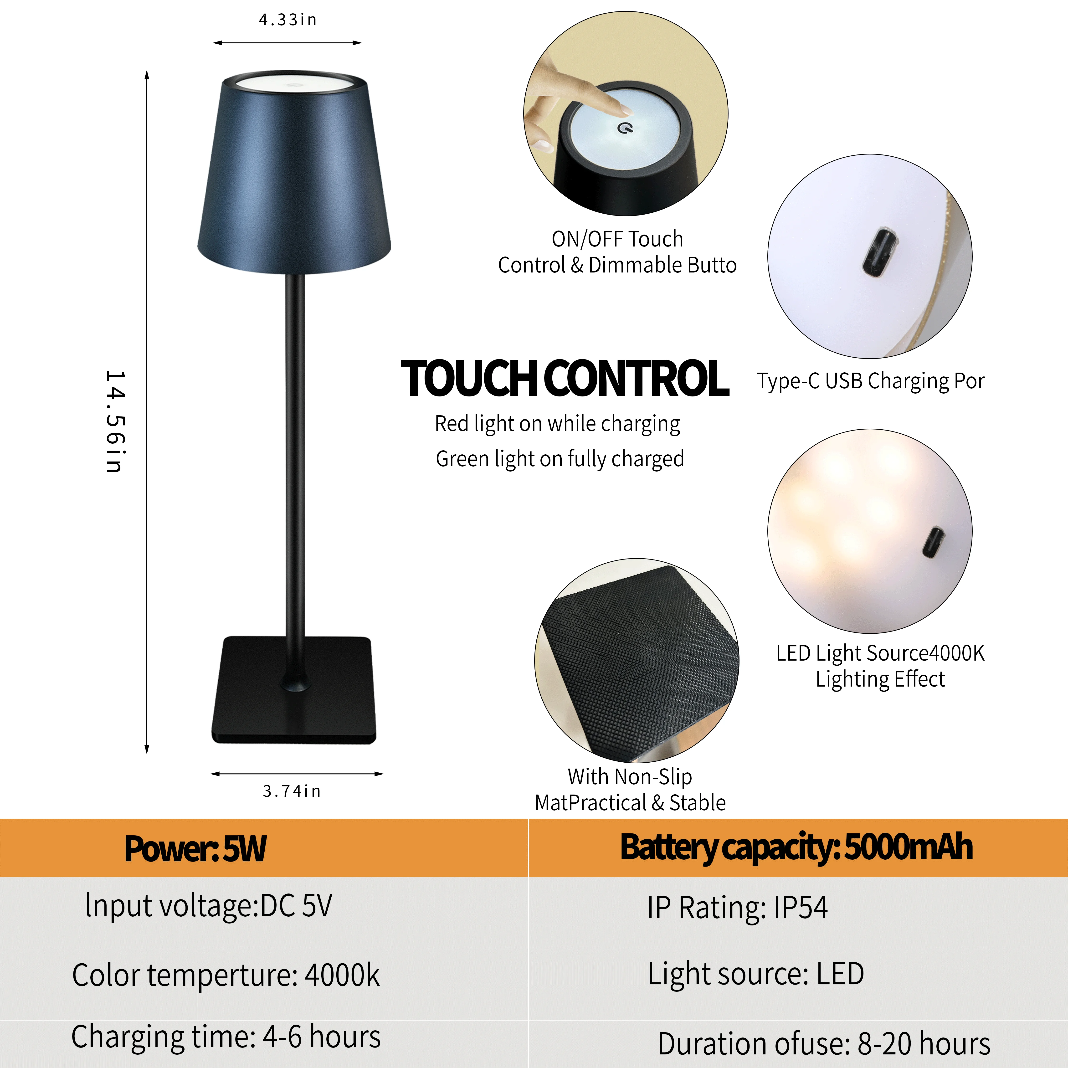 Kabellose Tisch lampe wiederauf ladbar, 5000mAh batterie betriebene Tisch lampen schnur los, 3 Farben stufenlos dimmbare Tisch lampe im Freien