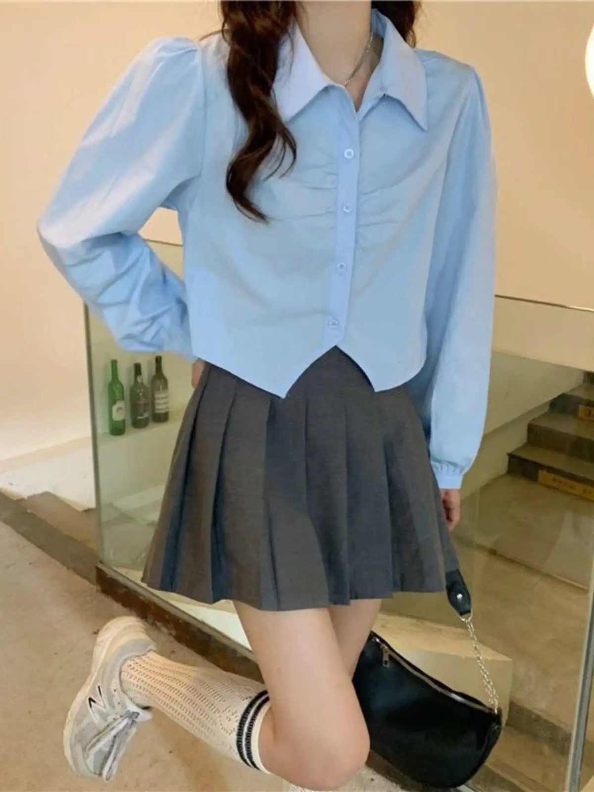

Blue Shirt College Style Loose Fit Short Design Elegant Sweet Waist Cinching Spring Pure Desire Women's Collar Long Sleeve