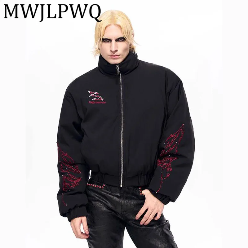 

MWJLPWQ Black Short Stand Collar Cotton Coats For Men Winter Embroidery Design High Street Long Sleeve Casual Winter Tops 12766