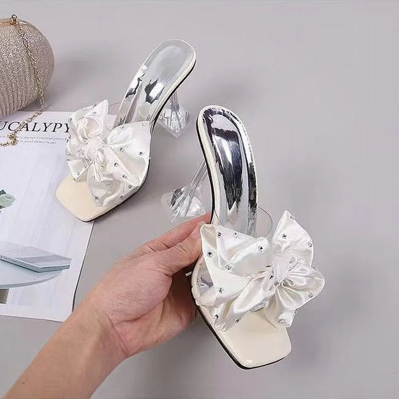 2022 Woman Sparkly Bow Heels Fashion Bling Transparent Pointed Toes Sandals Elegant Slingback Crystal Female Party Pumps