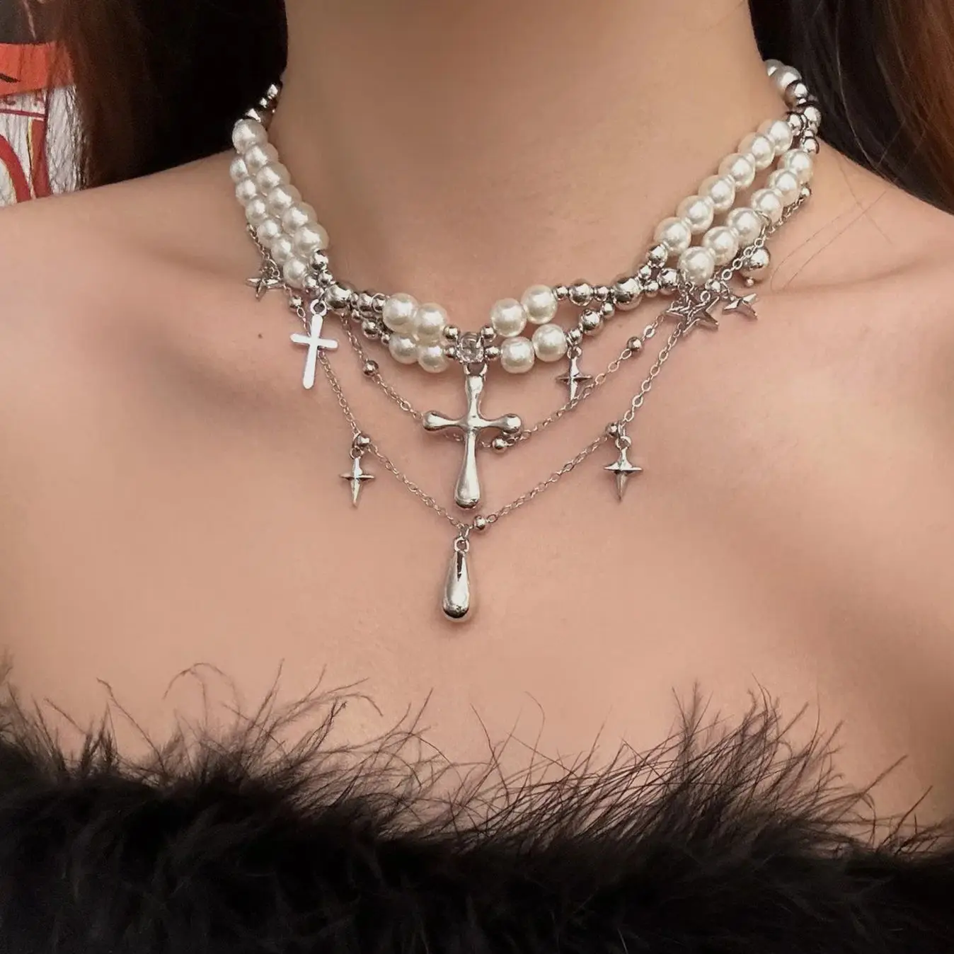 Punk White Pearls Beaded Double Layer Choker Necklace for Women Cool Silver Color Cross Waterdrop Pendant Necklace Party Jewelry