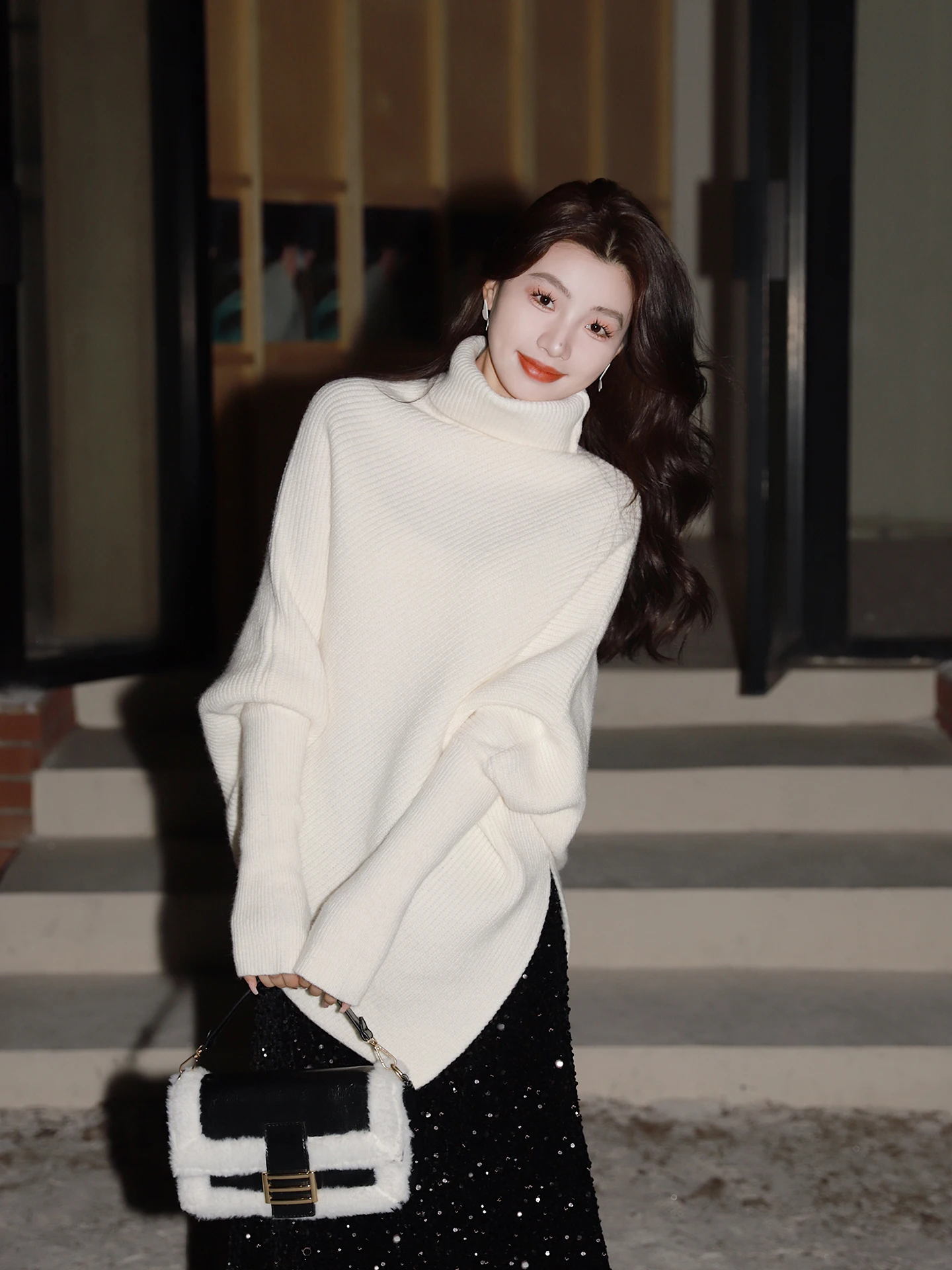 

Chuqing Independent High Ne Batwing Sve Asymmetrical Knitted Sweater Ele Winter Office Commute Women's Faion