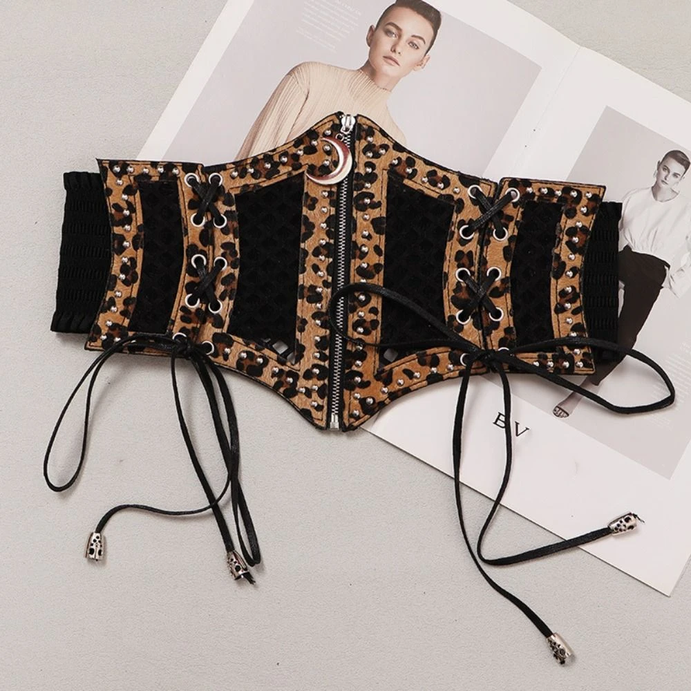 القمر سستة قلادة ليوبارد طباعة Cummerbunds حزام بولي Leather الجلود الجوف مشد أحزمة عالية الخصر مطاطا حزام خصر عريض النساء