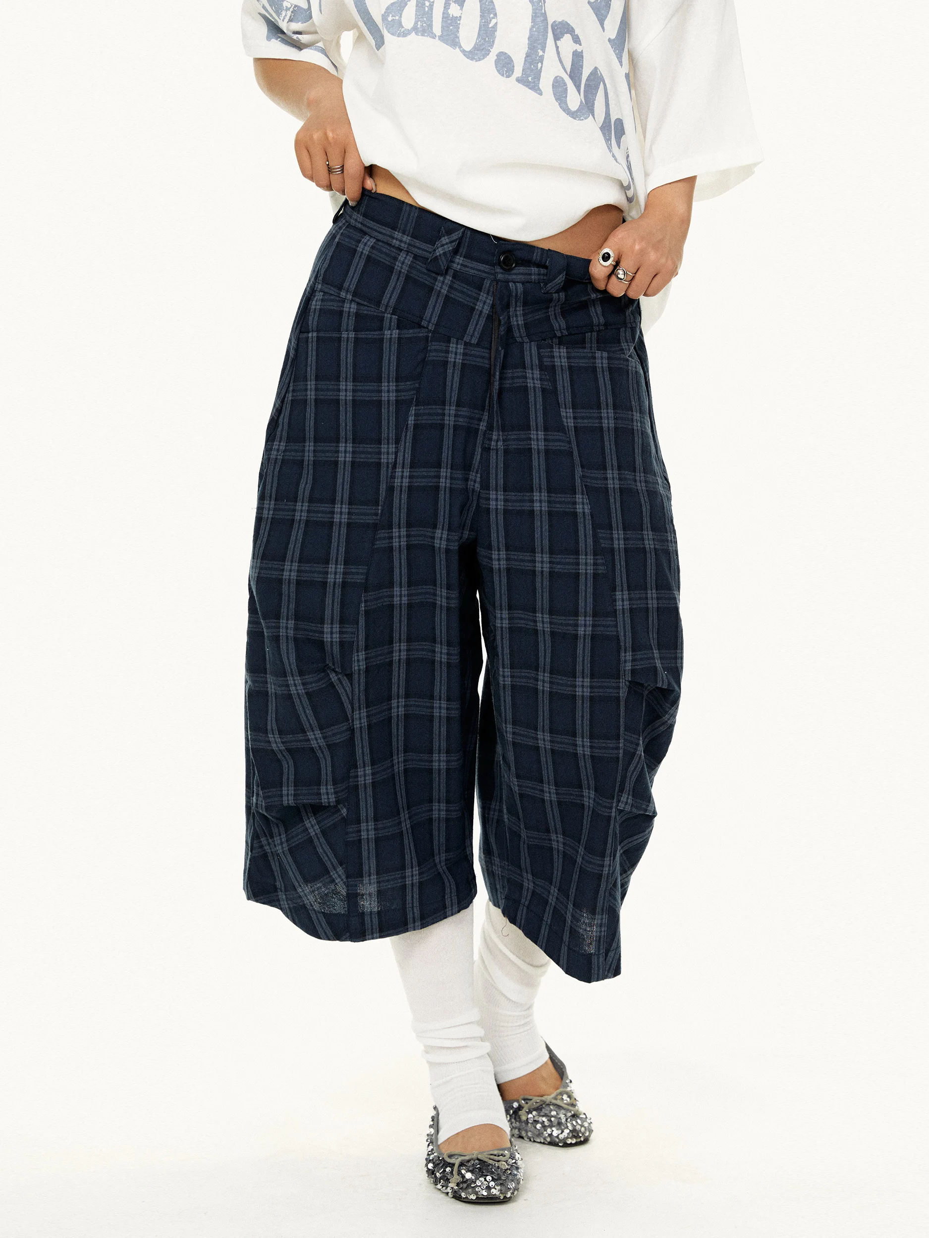 Summer Casual Loose Straight Leg Pants Vintage Style Checkered Wide Leg Trousers Versatile Comfortable Cotton Natural Waist