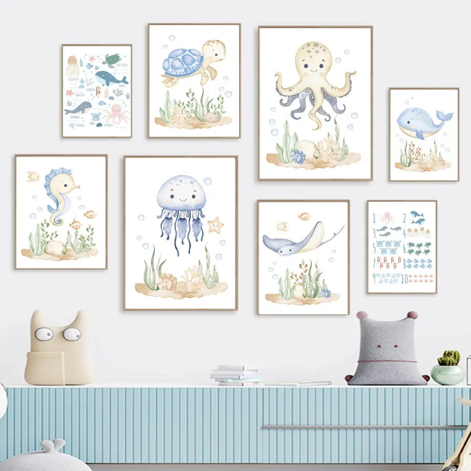 

Whale Octopus Turtle Jellyfish Seahorse Ocean Animals Nursery Wall Art Canvas Painting Poster And Prints Picture Kids Room Decor