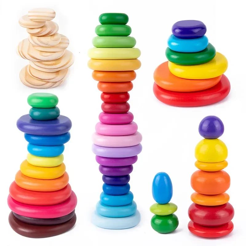 Children Early Education Color Recognition Wooden Stacked Stone Toys 2024 Funny Rainbow Stacked Stones Pebble Building Blocks