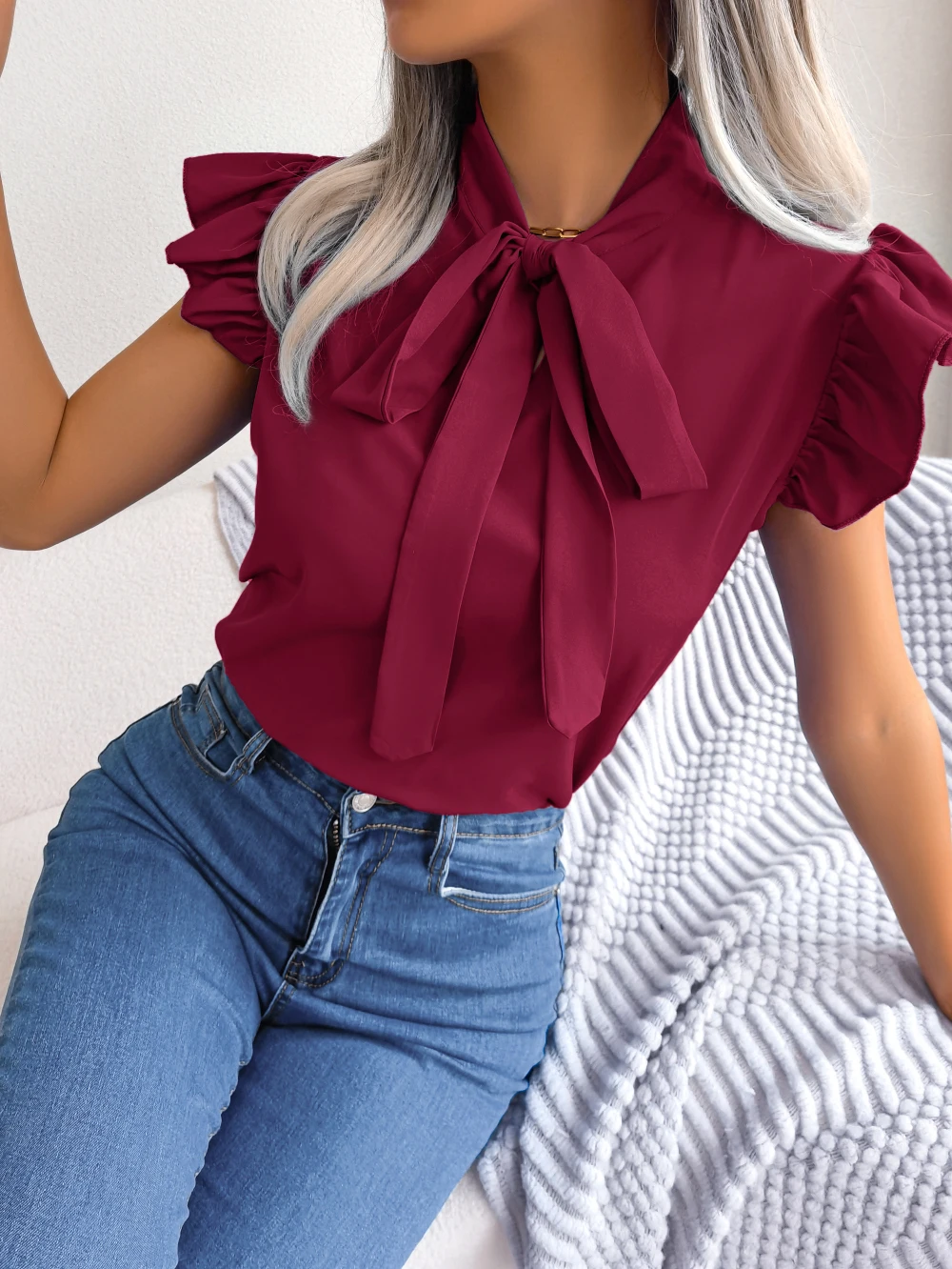 Women Summer Casual Bow Ruffle Short Sleeve Chiffon Blouse