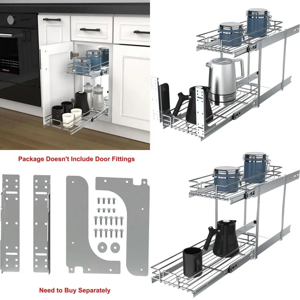 

Heavy-Duty 2-Tier Pull-Out Cabinet Organizer, 9W x 21D, Chrome Metal Sliding Shelf for Kitchen Cabinets
