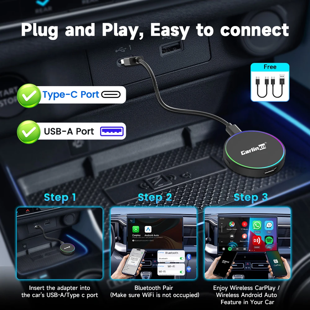 CarlinKit MINI HD2CP Pro Wireless CarPlay AI Box Android Auto TV Box 2025 جديد 2K HD HDMI مدخل دونغل لموسيقى Youtube Netfliex