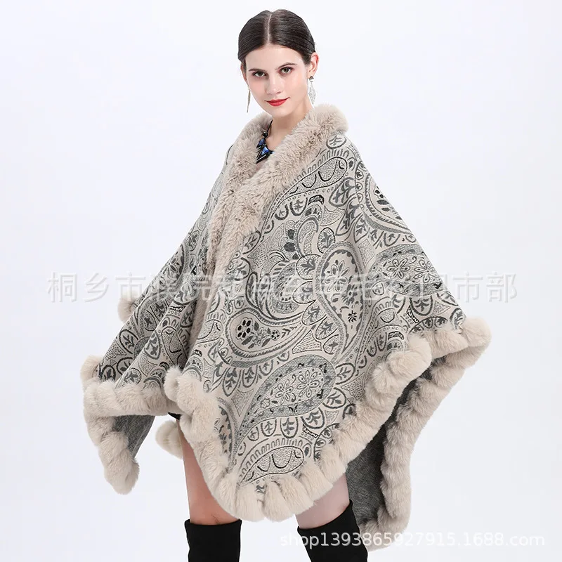

New European and American Cashew Flower Fur Collar Large Size Loose Knitted Cape Coat In Autumn and Winter