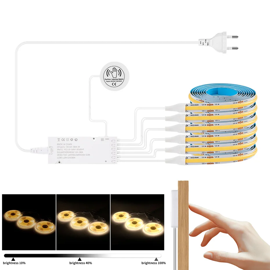 12V COB LED Strip Smart Penetrable Wood Touch Sensor Tape 320Leds/m Warm/Neutral White Kitchen Lighting Wardrobe Shelf Backlight