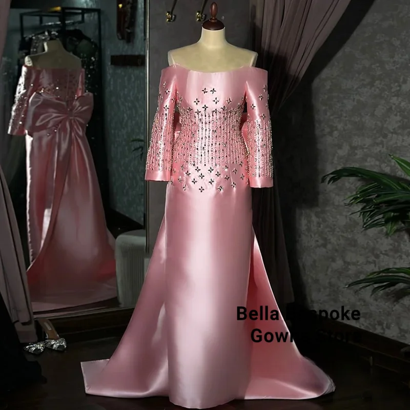 

Shinny Evening Dress Customized Scoop Neck Long Sleeves Straight Party Gown Saudi Arabian Prom Dresses Big Bow Back