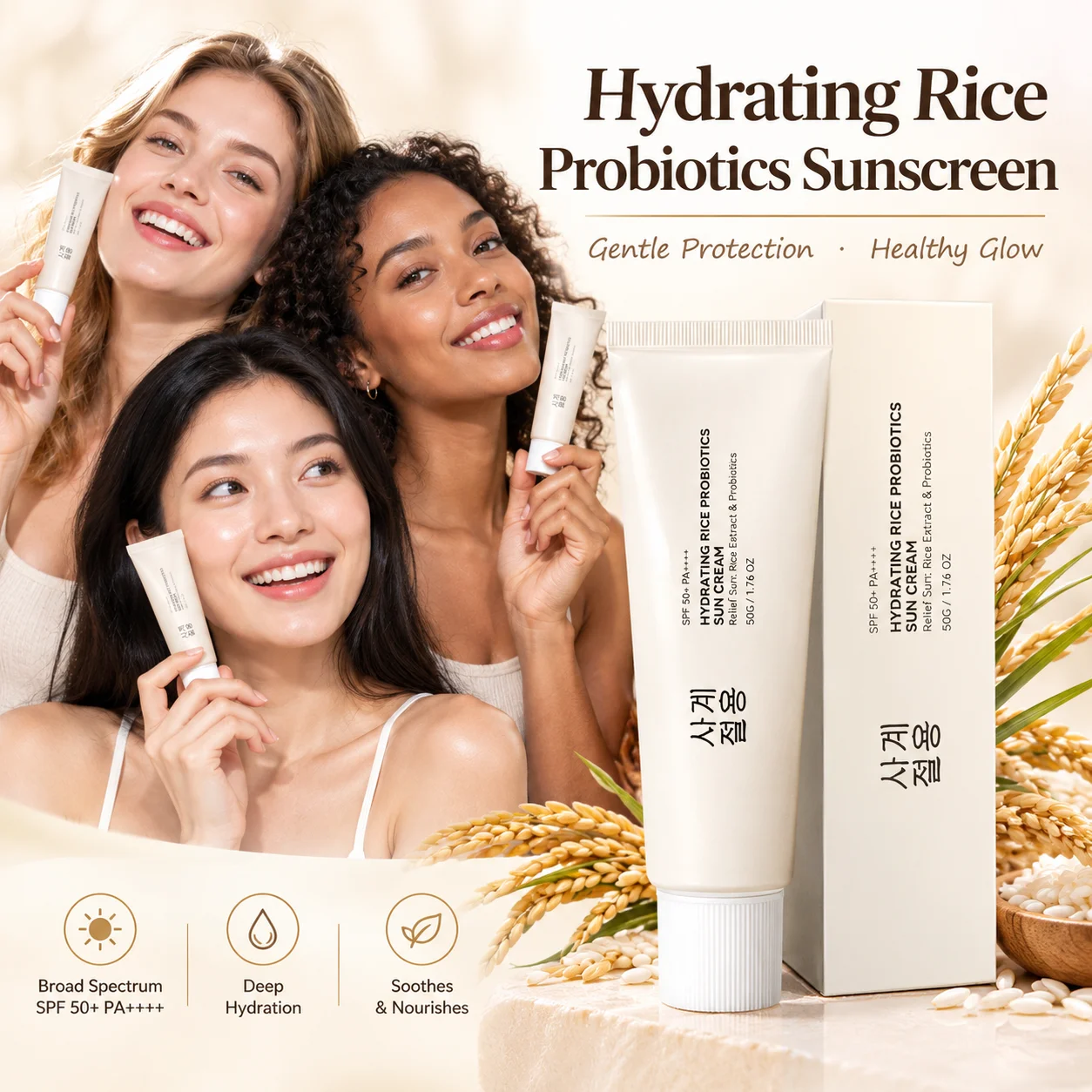 Organic SPF 50+ Sunscreen With Rice & Probiotics Extract, UV Defense Sun Protection Daily Skincare Solution for All Skin Types